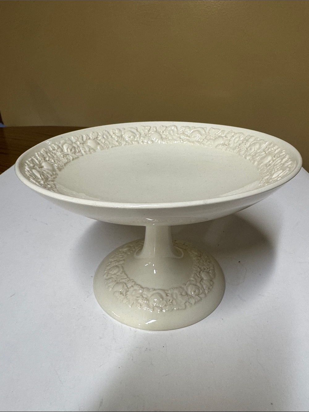 Wedgwood Embossed Queensware Flowers Cream on Cream Compote 6.25”
